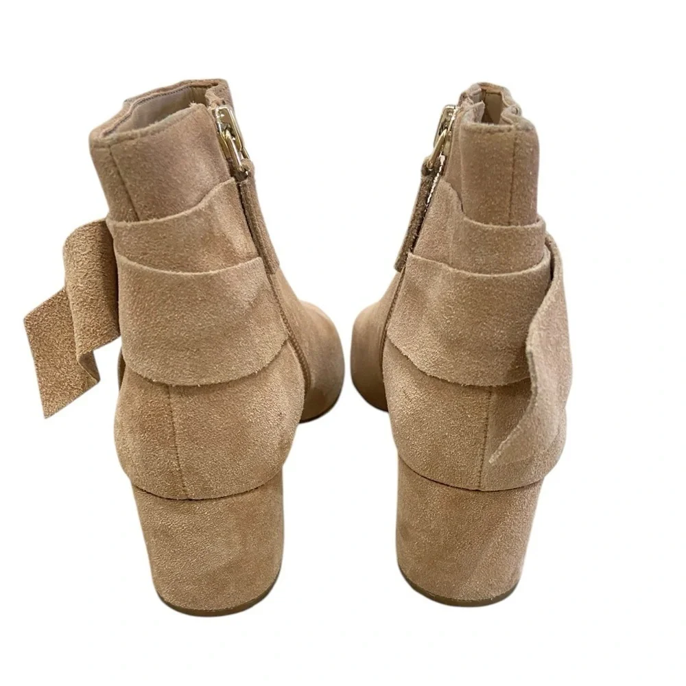 Talbots 100% leather suede ankle tan zip up booties folded bow round toe size 6